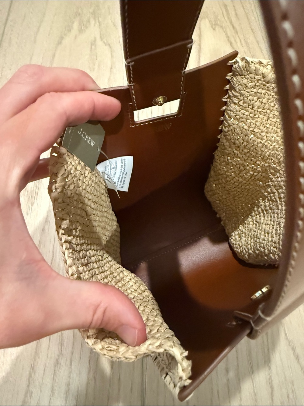 NWT J. Crew Brown and Natural Woven Leather-Trim Wristlet Tote top handle bag - Picture 2 of 3